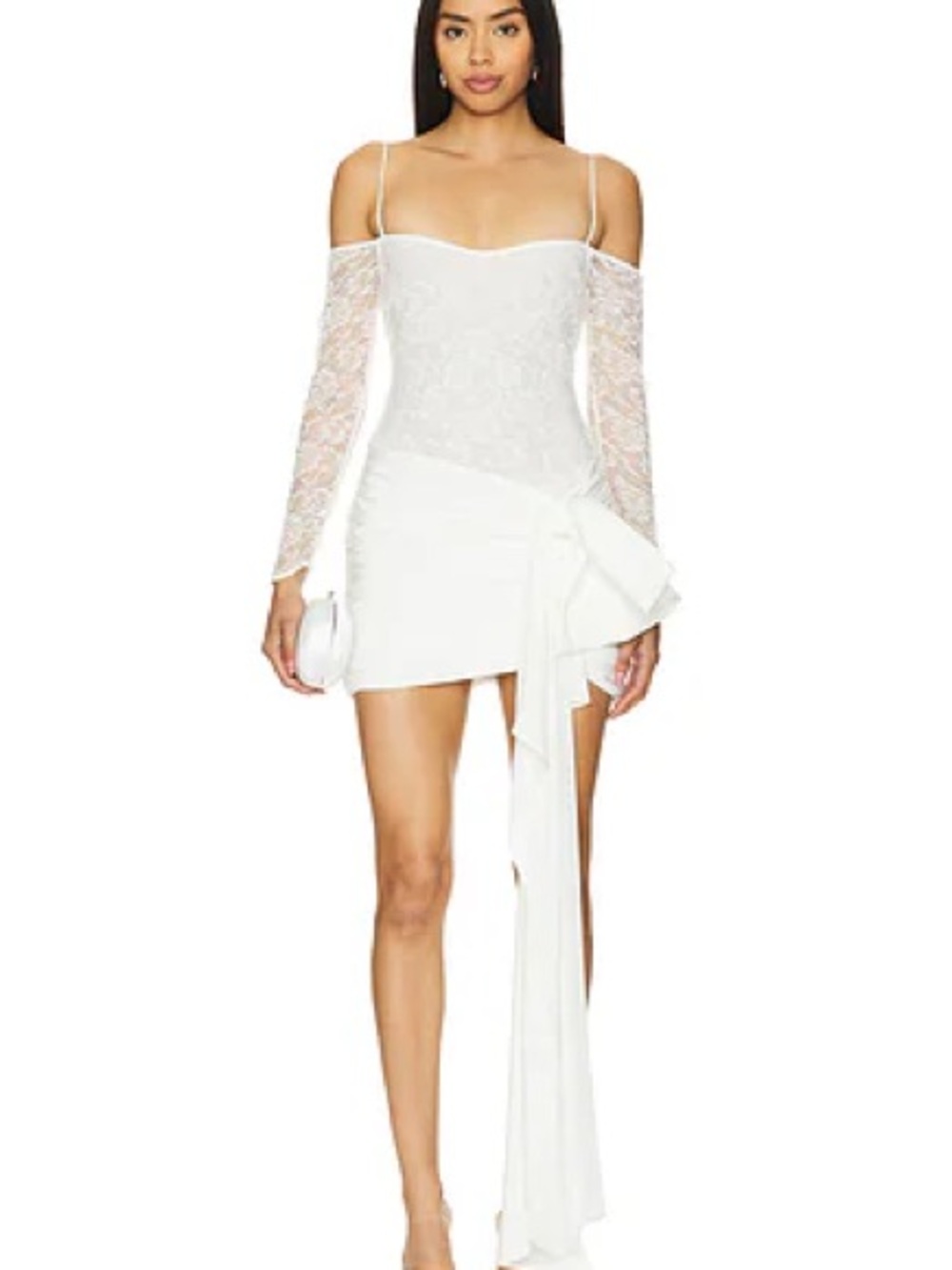 NBD Najma Mini Dress Ivory L Lace Cold Shoulder Ruched Ruffle Bridal Party